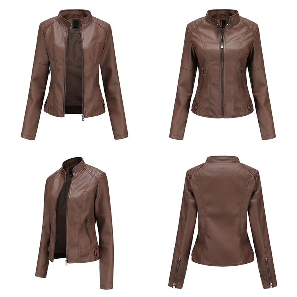 Women’s Faux Leather Stand Collar Jacket Coffee - Image 3