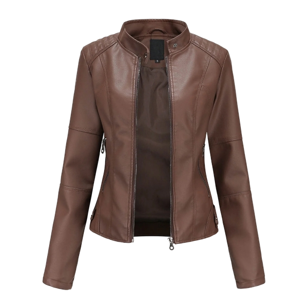 Women’s Faux Leather Stand Collar Jacket Coffee