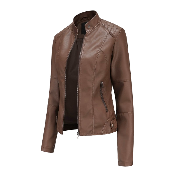 Women’s Faux Leather Stand Collar Jacket Coffee - Image 2